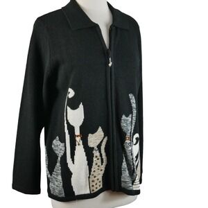 Allison Daley Women Sweater Size Small Cardigan Cat Black Full Zip Knit Collared